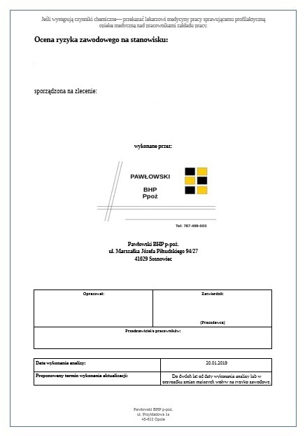 ocena ryzyka zawodowego posadrzkarz Pawłowski BHP ppoż.
